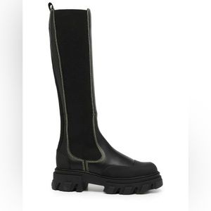 GANNI Black Cleated Chelsea Boots with Yellow Stitching